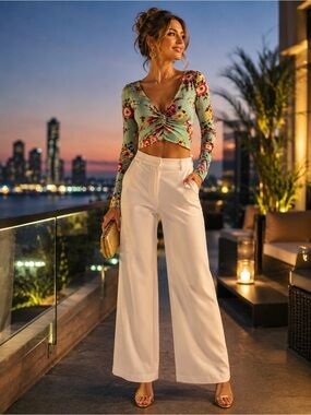 Max Studio Ivory White wide leg trouser dress pants Sz S classy elegant flowy